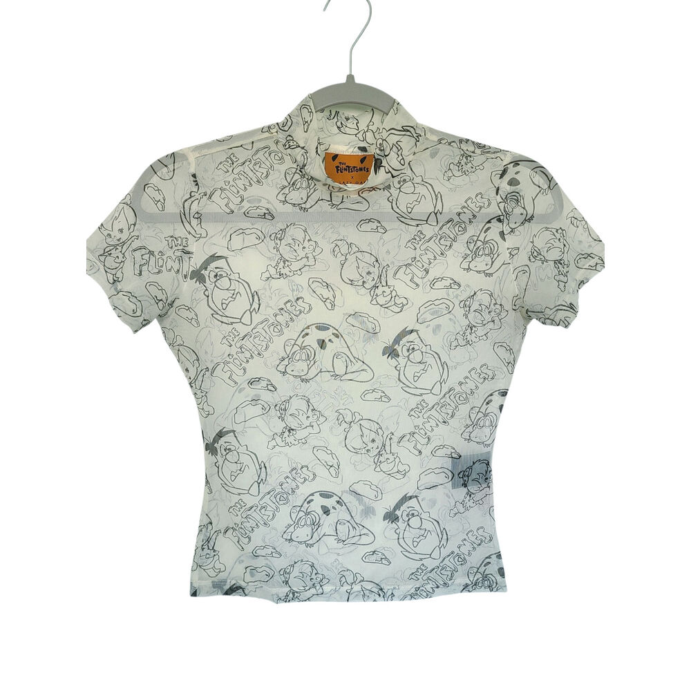 Lazy Oaf x The Flintstones Mesh Top Sheer Mock Neck Short Sleeve Tee US 6